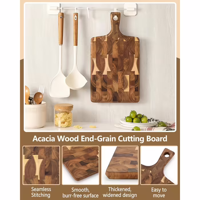 XINZUO Cutting Board made of Acacia Wood 41 * 22 * 1.9cm Rectangular Serving Board with Handle, Chopping Board Cheese Grill Board Reversible Wooden Board for Kitchen, Snack Board, Breakfast Board