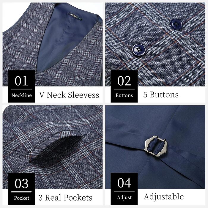 Чоловіча жилетка HISDERN в клітинку, формальна, класична, бавовна, для весілля, в клітку 'Галстук', під костюм, синього кольору