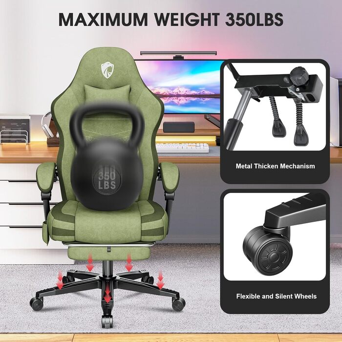 Ігровий крісло Douxlife з масажем, розширене пружинне сидіння, ергономічний офісний стілець для геймерів, стілець для роботи з підніжкою, 158 кг, темно-зелений