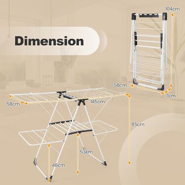 Стійка для сушіння білизни HOMASIS, розкладна, з 2 крилами, регульована, 6 рівнів, з вішалкою та прищіпками, для балкону (біла)