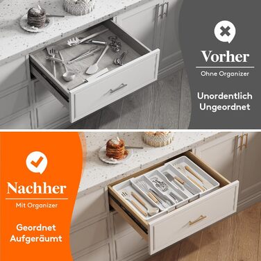 Органайзер для столових приборів Lifewit розсувний для шухляди, 33-57 x 38 x 5 см, білий. Підставка для ножів та виделок, пластик.