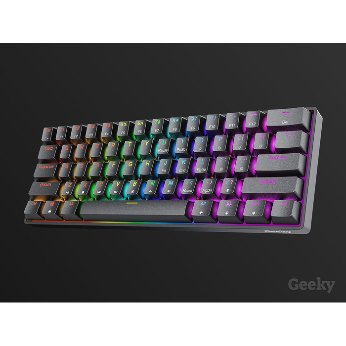 Geeky GK61: Механічна ігрова клавіатура 61% з RGB підсвічуванням | Hot-Swap | ANSI US | Speed Silver Switch (Чорний)