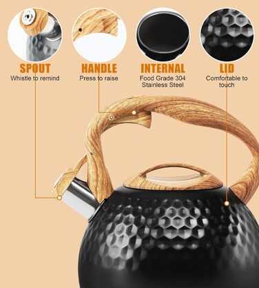 Чайник-свисток Foedo з нержавіючої сталі з дерев'яною текстурою, 3.2 л, для чаю, кави та молока, класичний дизайн, червоний (Чорний-6)
