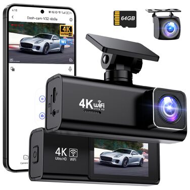 Автомобільний відеореєстратор 4K + 1080P (передній та задній), WiFi, з SD-картою 64ГБ, нічна зйомка, кут 170°, WDR, G-сенсор, циклічний запис, керування через додаток