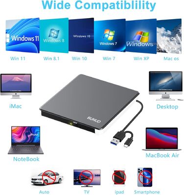 Зовнішній CD/DVD привід BUNUD USB 3.0 та Type-C, портативний DVD-брунер з картридером SD/TF та 2 USB-портами для ноутбука, PC, iMac, Windows та macOS, сіро-білий