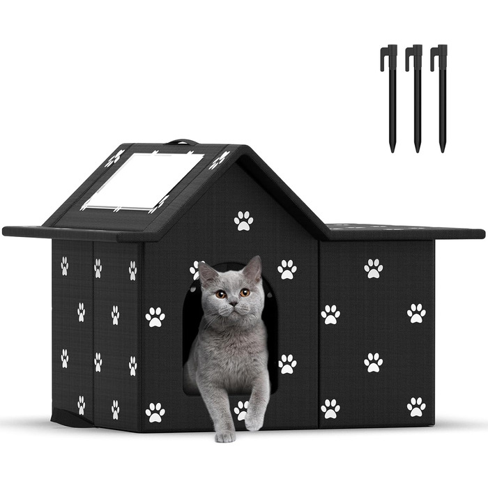 Кіт Будинок для Зовні Зимостійкий, Будинок для Вуличних Кішок з Знімними Подушками, Захист від Холоду для Тварин з Завісою на Дверях, Легко Збирається, Зелений (Чорний, 33 x 38 x 43 см)