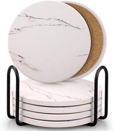 Coasters for Drinks, Absorbent Ceramic Stone Coasters Set with Metal Holder Stand, Cork Base, Marble Surface Pattern, Cup Placemats for Home Decor, Set of 6 - White