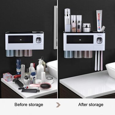 Automatic Toothpaste Dispenser with Space-Saving Toothbrush Holder for Bathroom, 4 Transparent Magnetic Cups, 7 Toothbrush Slots, 1 Cosmetic Organizer Drawer (4 Cups)