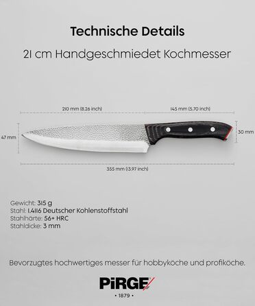 Ніж кухарський Pirge 21 см з нержавіючої сталі DIN 1.4116, Full Tang, ручка з композитного дерева, 56 HRC