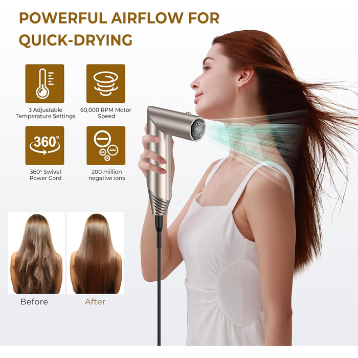 UKLISS 6-в-1 Airstyler: Фен-щітка, локони, укладка, іонізація 60 000 U/min, золотий