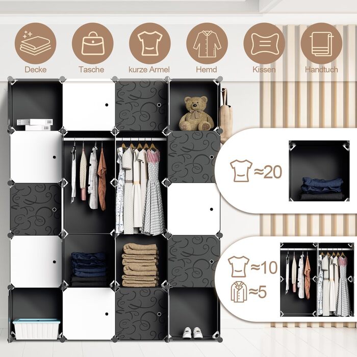 DIY Closet Shelf System, 16 Cubes Wardrobe Closet, Open Closet, Plastic Wardrobe with Doors, Wardrobe Cabinet, Black, 180 x 142 x 37CM (Black and White, 20 Cubes)