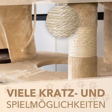 Кігтеточка Foxdevil для котів Xonic® - багатофункціональна кігтеточка з оглядовою платформою, гамаком, затишною печерою, іграшковою шнуркою, сходами – 141 см – (Бежевий/Коричневий V1)