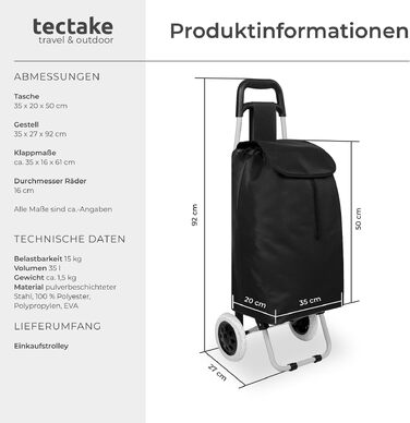 Складаний візок для покупок tectake® на колесах, сумка-шопер для продуктів та кемпінгу, чорна, 38 л