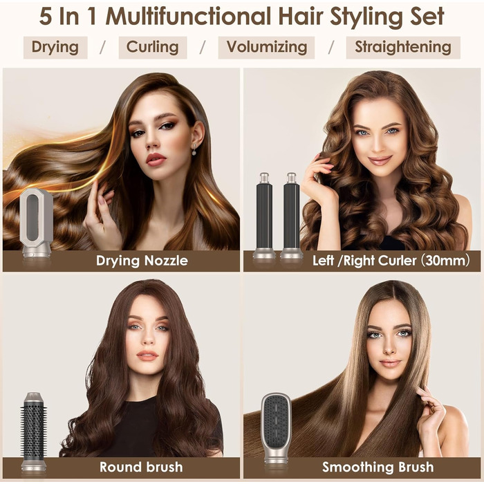 Набір для укладки волосся Airstyler Set: професійний фен-щітка 1000W, 5 насадок, автоматична завивка, випрямлення, об'єм, мультистайл, колір шампань