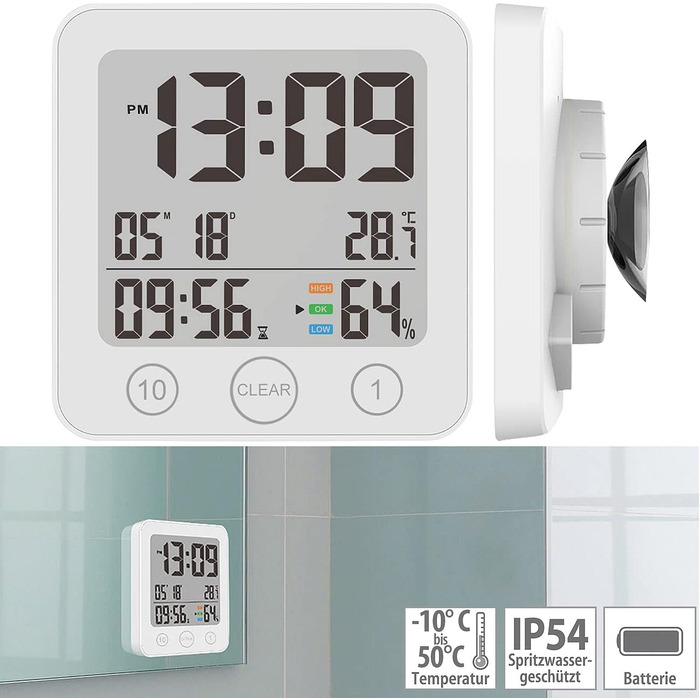 infactory Bathroom Radio Clock: Digital Bathroom Radio Wall Clock with Thermometer, Aluminum, Suction Cups, IP24 (Bathroom Radio Clock Digital, Clock, Gift Ideas) (1 piece, square)