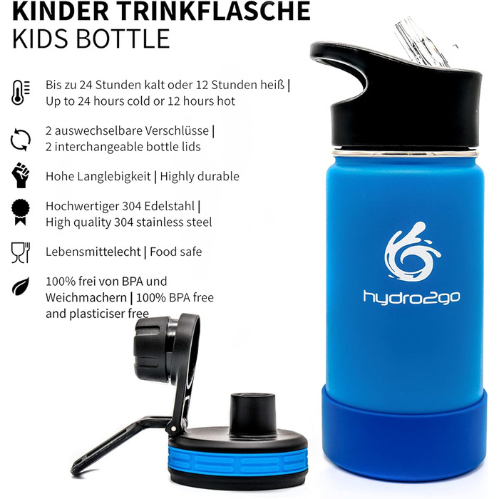 Stainless Steel Kids Water Bottle - BPA-Free Thermos Flask with 2 Leak-Proof Caps (Straw & Sport) - 350ml (Sky Blue)