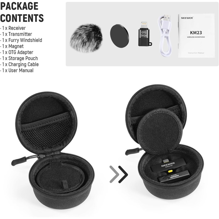 NEEWER Бездротовий петличний мікрофон KM23: 48kHz/24Bit, 8 годин роботи, шумозаглушення, USB-C, сумісний з DJI, Insta360, iPhone, Android, PC