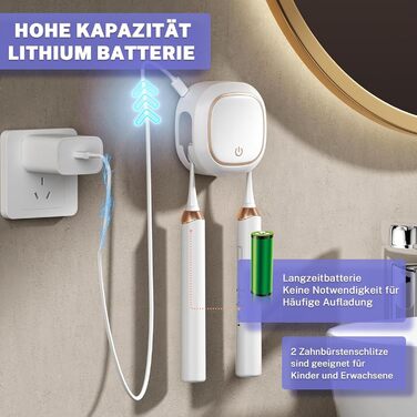 Maxspace UV Toothbrush Sanitizer, Wall-Mounted Toothbrush Holder with Drying, Rechargeable Toothbrush Sterilizer with 2 Slots for Family Use (White)