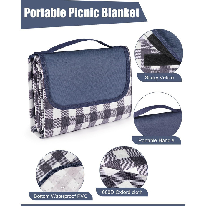 Плед для пікніка LIVEHITOP водонепроникний XXL (150x200 см) синій в клітку - для пляжу, кемпінгу, парку, BBQ