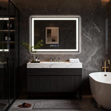 Дзеркало для ванної кімнати YU YUSING з підсвічуванням 60x80 см, протизапітніння, 3 кольори світла, регулювання яскравості, LED, годинник, IP44, металевий каркас, вертикальне, срібне