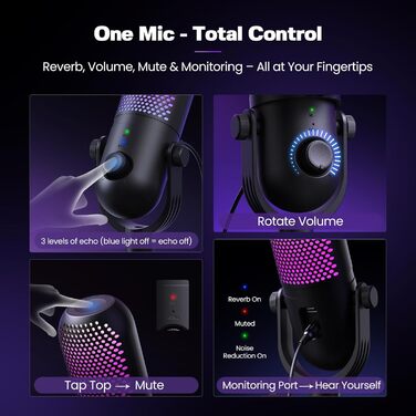 USB Мікрофон для ПК, Gaming RGB Zubehör PS4/PS5: Студійний мікрофон з регулюванням гучності, ехо та кнопкою вимкнення звуку для YouTube, Streaming, Подкастів, Windows/Mac