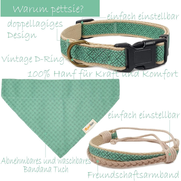 Нашийник для собак Pettsie з банданою та браслетом дружби, регульовані розміри S, M, L, знімний бандана, приваблива упаковка, для власників собак, зелений, L 45,7-66 см