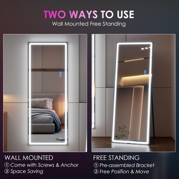 Дзеркало для тіла LVSOMT з підсвіткою, 120x40 см, настінне/на двері, LED, чорне