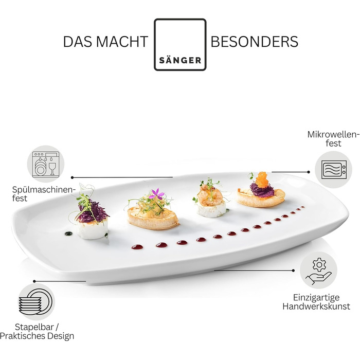 Набір сервірувальних тарілок Sänger Bilgola (2 шт.) - порцеляна, білий колір, 23 x 34 см | для м'яса, риби та закусок | PREMIUM COLLECTION