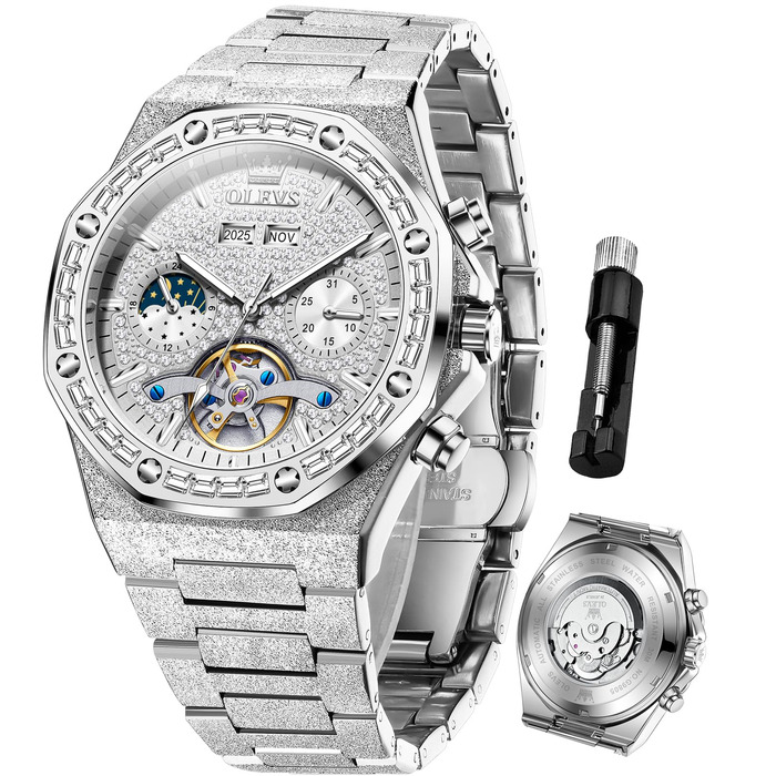 Чоловічий наручний годинник OLEVS G9805 аналоговий, сталевий браслет, білий циферблат, водонепроникний, з календарем та підсвіткою