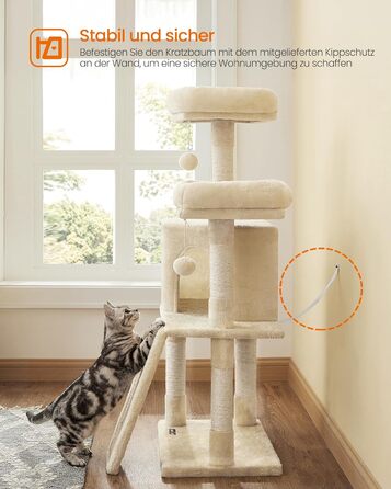 Драбина-кіготь Feandrea для котів, 115 см, бежева, з платформою та м'яким плюшем, повністю обмотана сизалем, PCT141W01