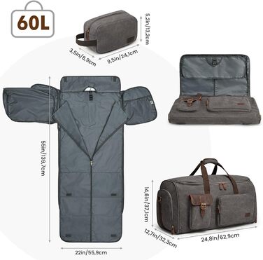 Сумка-органайзер для одягу S-Zone 3-в-1, 60л, унісекс, з канвасу, з косметичкою, для подорожей, відряджень, зберігання (Сірий)
