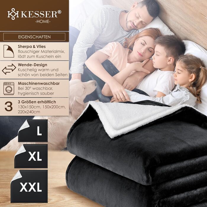 Плед KESSER® з м'якого флісу та шерпи, теплий та затишний, 220 x 240 см (XXL), чорний