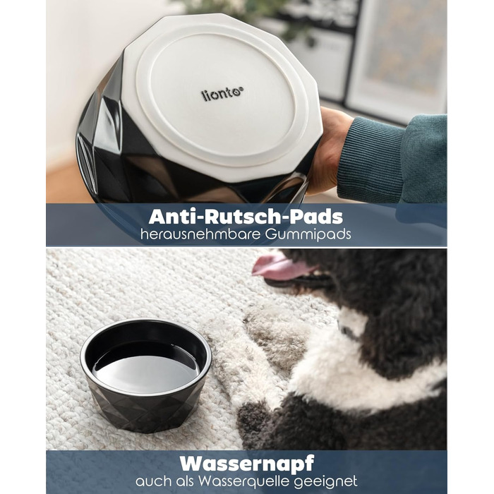 Миска для собак та котів Lionto з кераміки, 1100 мл, чорна. Нековзний силіконовий низ, стійка до запахів, легко миється, ергономічний дизайн.