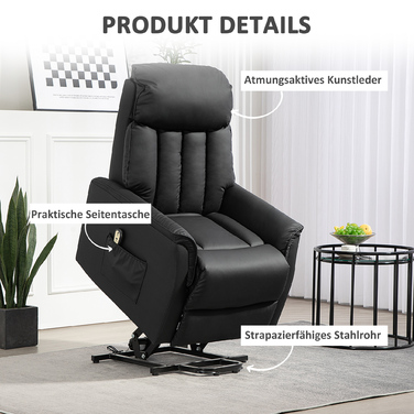 HOMCOM Electric Recliner TV Chair with Lift Assistance, Reclining Function, Massage Chair with Footrest, Side Pocket, Remote Control, for Living Room, up to 150 kg, Faux Leather, Black | Aosom