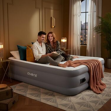 Надувний матрац-ліжко AVENLI самонадувний для 1 особи з інтегрованим насосом, висока ліжкомісце, флаокована поверхня для кемпінгу та дому (203x152x46 см)