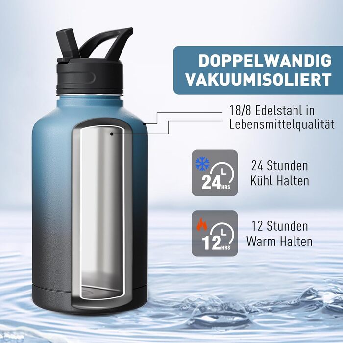 2L Stainless Steel Water Bottle with Straw, Double-Insulated Water Bottle 2 Liter with Two Lids and Protective Silicone Boot, Practical Paracord Handle for Carrying - Gradient Color