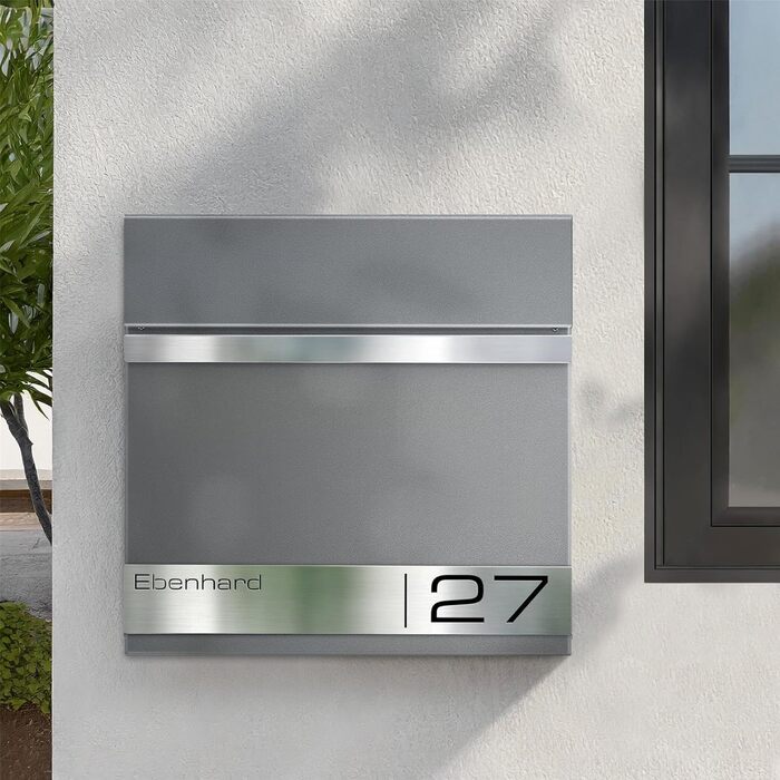 Поштова скринька Metzler Premium з газетницею Anthrazit, персоналізована з табличкою для імені, високоякісна настінна з нержавіючої сталі V2A з порошковим покриттям RAL 7016, модель Stencil (сірий алюміній)