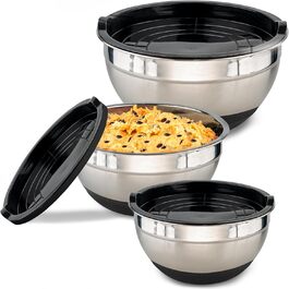 Набір з 3 нержавіючих мисок з кришкою Praknu - великі, з антиковзним покриттям, герметичні, з мірною шкалою, економні