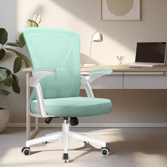Офісне крісло Hinode з підйомними підлокітниками, функцією гойдання, поворотне на 360°, регульоване по висоті, ергономічне крісло для дому та офісу з дихаючою сіткою, до 150 кг (Блакитно-зелене, Стиль 1)