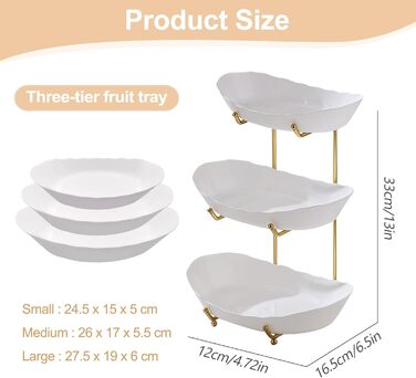 Стійка для фруктів та овочів JurciCat з 3 ярусами, золотий металевий каркас, білі пластикові миски