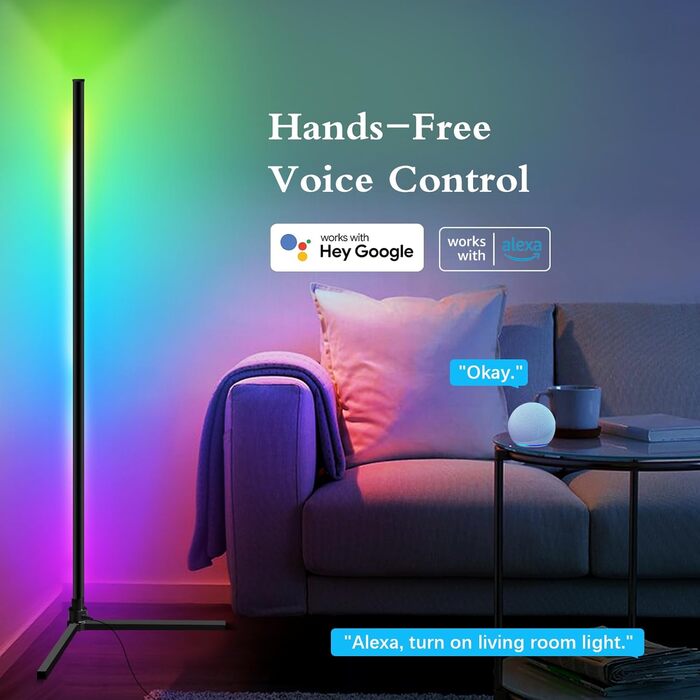 LED кутова лампа Fortand з Wi-Fi, RGB, диммування, сумісна з Alexa/Google Home, з пультом, 155 см, трикутна база