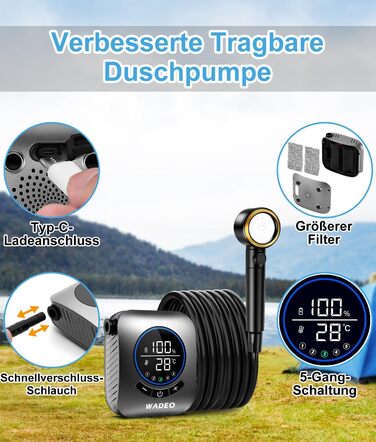 WADEO Portable Camping Shower with Battery and Pump, Camping Shower with Rechargeable 6000/8000mAh Battery, Mobile Showers Outdoor Showers with Showerhead and Hose, for Camping, Travel, Garden, Car Washing (Silver, 8000mAh battery)