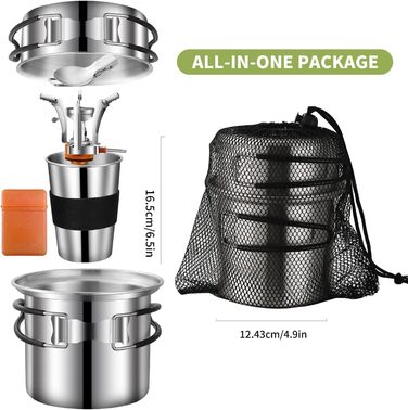 Набір кухонного посуду для кемпінгу з нержавіючої сталі, набір для приготування їжі в походах, міні-плита для кемпінгу, походів, пікніків та трекінгу