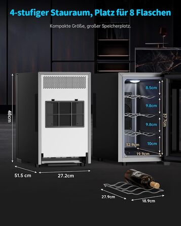 WIE 33 Liter Wine Fridge - 1 Zone Wine Cooler with Glass Door & LED Touch Panel - Mini Wine Refrigerator for 8 Bottles