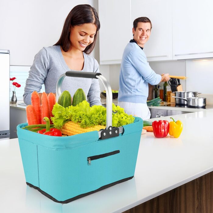 Складаний кошик для покупок 25L з м'якими ручками та кишенею на блискавці, блакитний