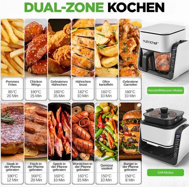 Фритюрниця NutriChef з подвійною камерою, 8л, Airfryer, з вікном, 360°C, 9 програм, антипригарне покриття, миється в посудомийній машині, для смаження, гриля та випікання, 1700W