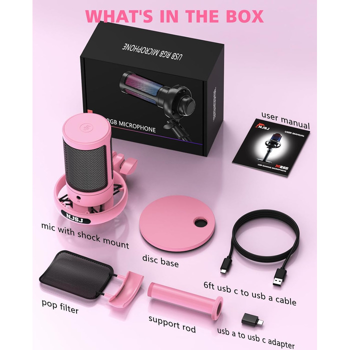 Мікрофон для ПК NJSJ Gaming з тримачем, USB мікрофон для Mac, PS4, PS5 (рожевий) з кнопкою вимкнення звуку, навушниками, поп-фільтром, кардіоїдний конденсаторний мікрофон для подкастів та стрімінгу
