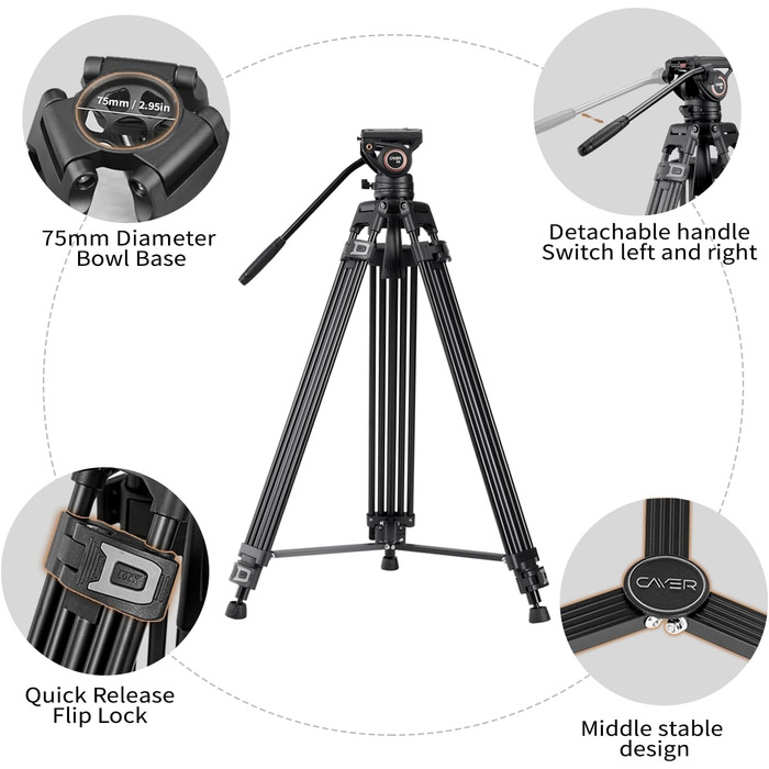 Штатив відео Cayer BF30L з пливним кріпленням, 73' (22м) – міцний штатив для DSLR, відеокамер, камер (13.2 кг)