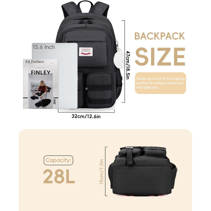 Шкільний рюкзак Tanou для дівчаток-підлітків, 9-16 років. Великий, водонепроникний, з брелоком (чорний)