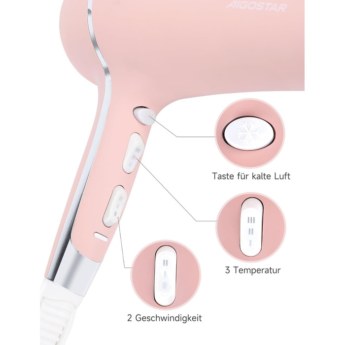 Фен Aigostar Lora рожевий 2400W з іонізацією, 3 температурні режими та 2 швидкості повітря